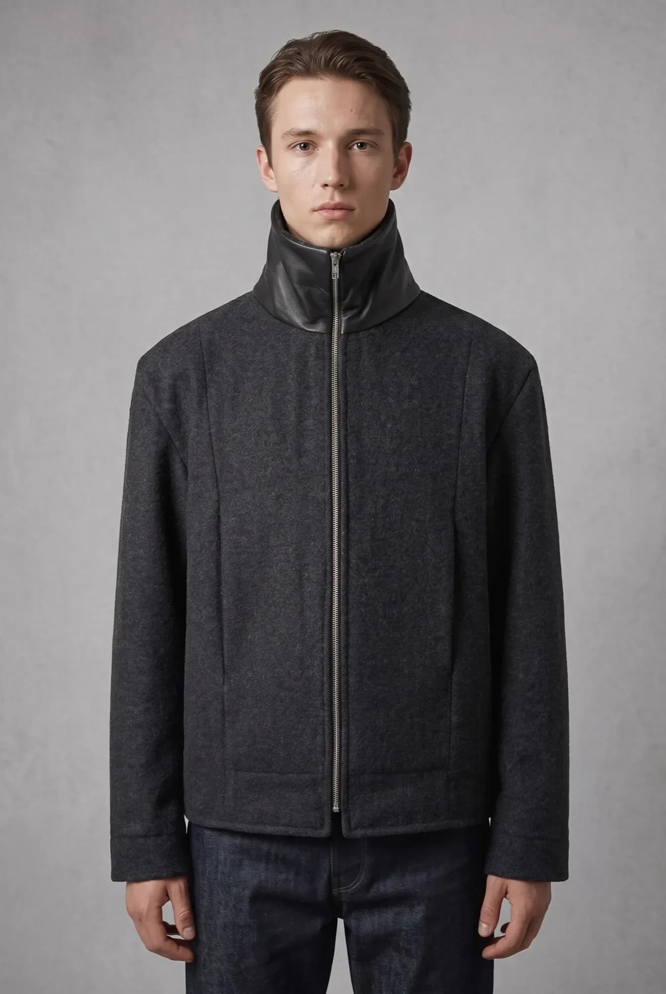 Campera de lana prensada con cuello de napa — Atelier Molina
