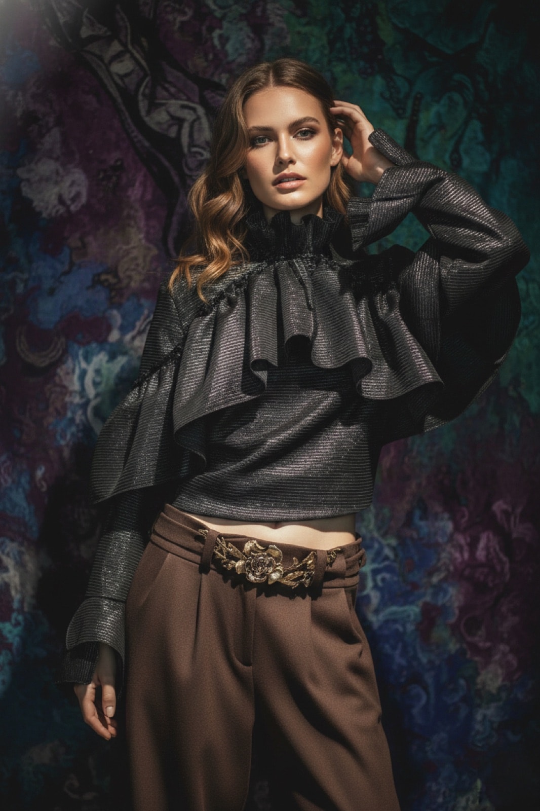Blusa Olé! Negra Texturizada sobre modelo, toma de tres cuartos con la mano en el cabello y volados sobre el hombro.