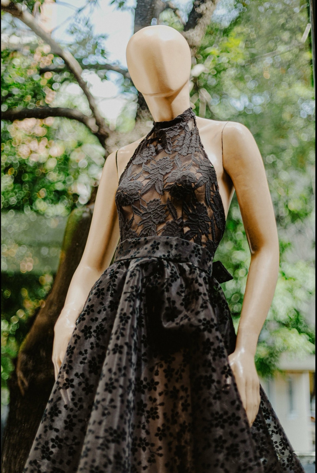 Body de encaje negro con escote halter, vista frontal sobre maniquí en el exterior, entre árboles de fondo.