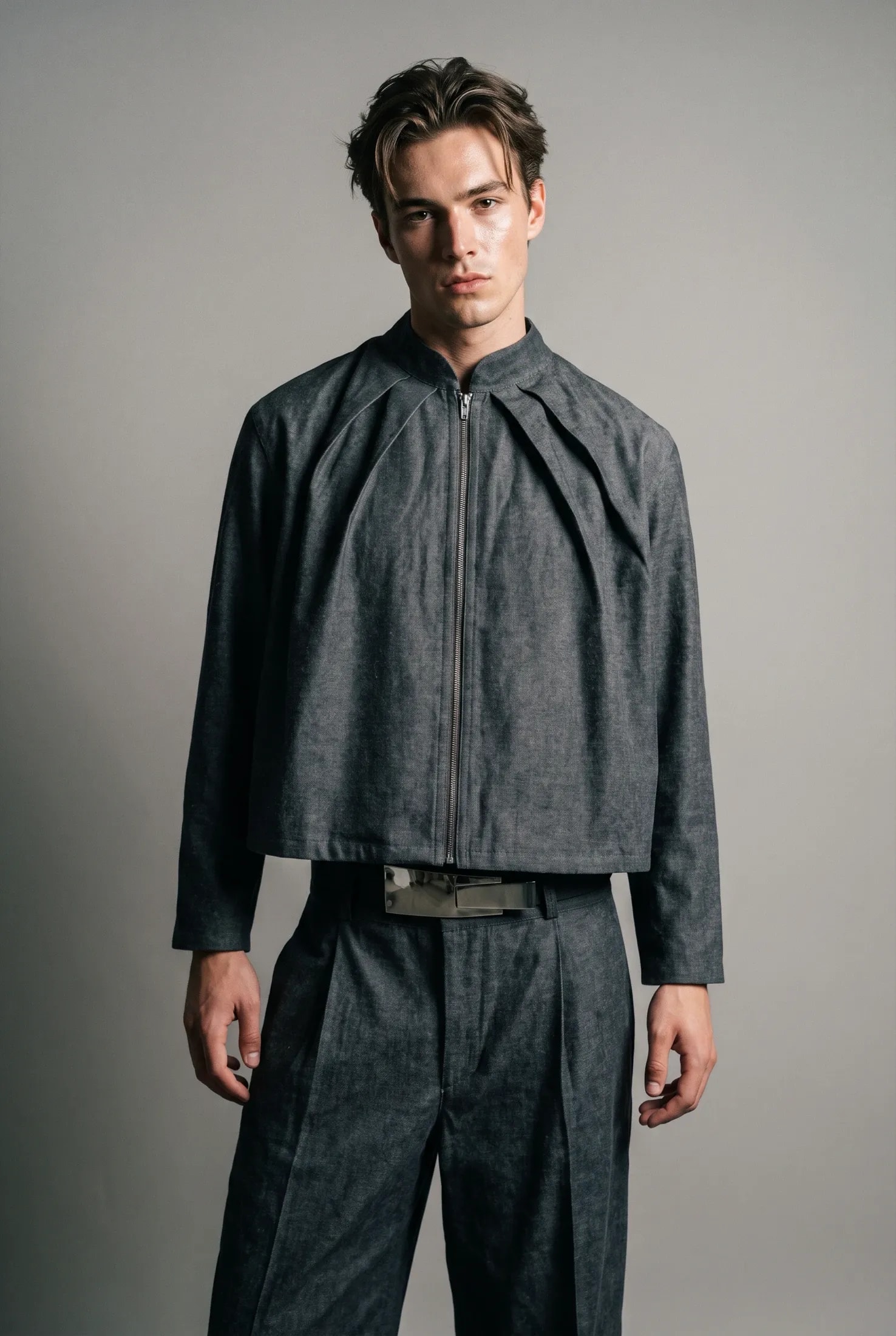 Chaqueta corta de denim crudo con cinturón de hebilla metálica, vista frontal de cuerpo entero sobre fondo neutro.
