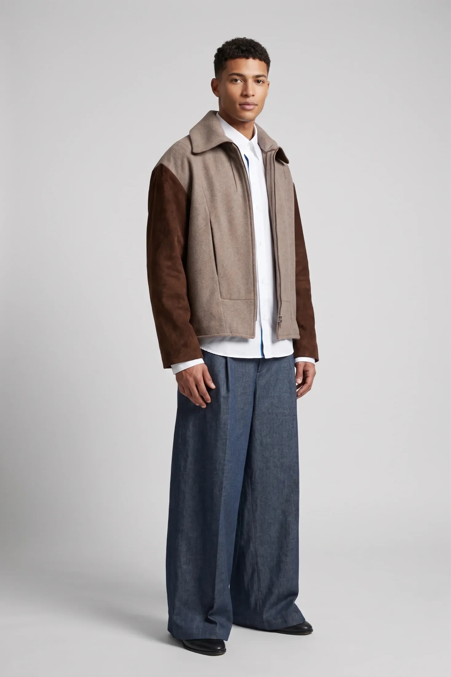 Chaqueta de cashmere y cuero de oveja de silueta boxy, vista de cuerpo entero