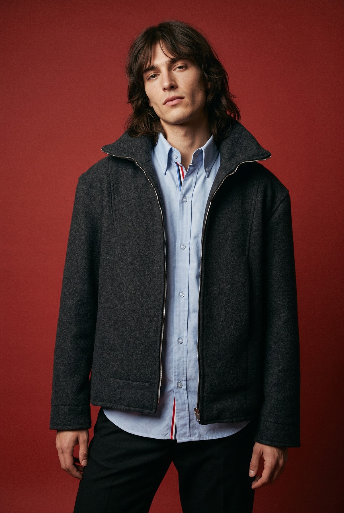 Pressed Wool Jacket with Nappa Collar
