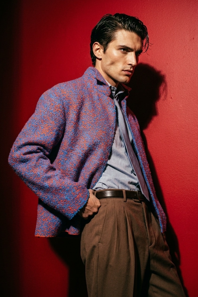 Chaqueta de tweed de algodón azul y naranja de Atelier Molina, llevada abierta sobre camisa celeste y pantalón marrón