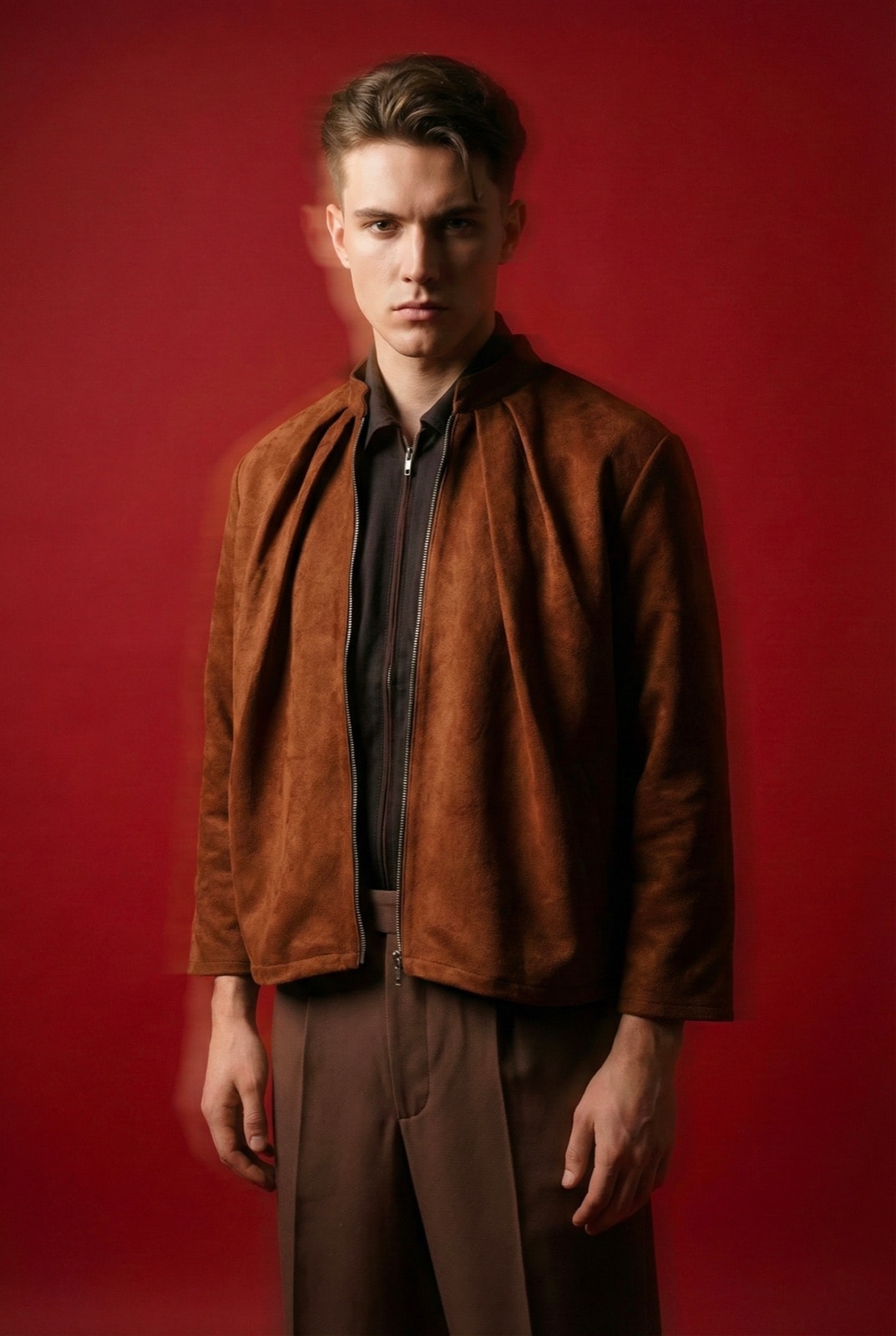 Chaqueta de gamuza caramelo de Atelier Molina sobre camisa oscura y pantalón marrón, retrato con fondo rojo y ligero desenfoque de movimiento.