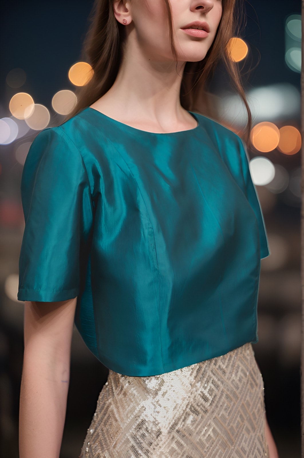 Detalle del croptop de tafetán verde petróleo con mangas de Atelier Molina, primer plano sobre modelo, fotografiado de noche.
