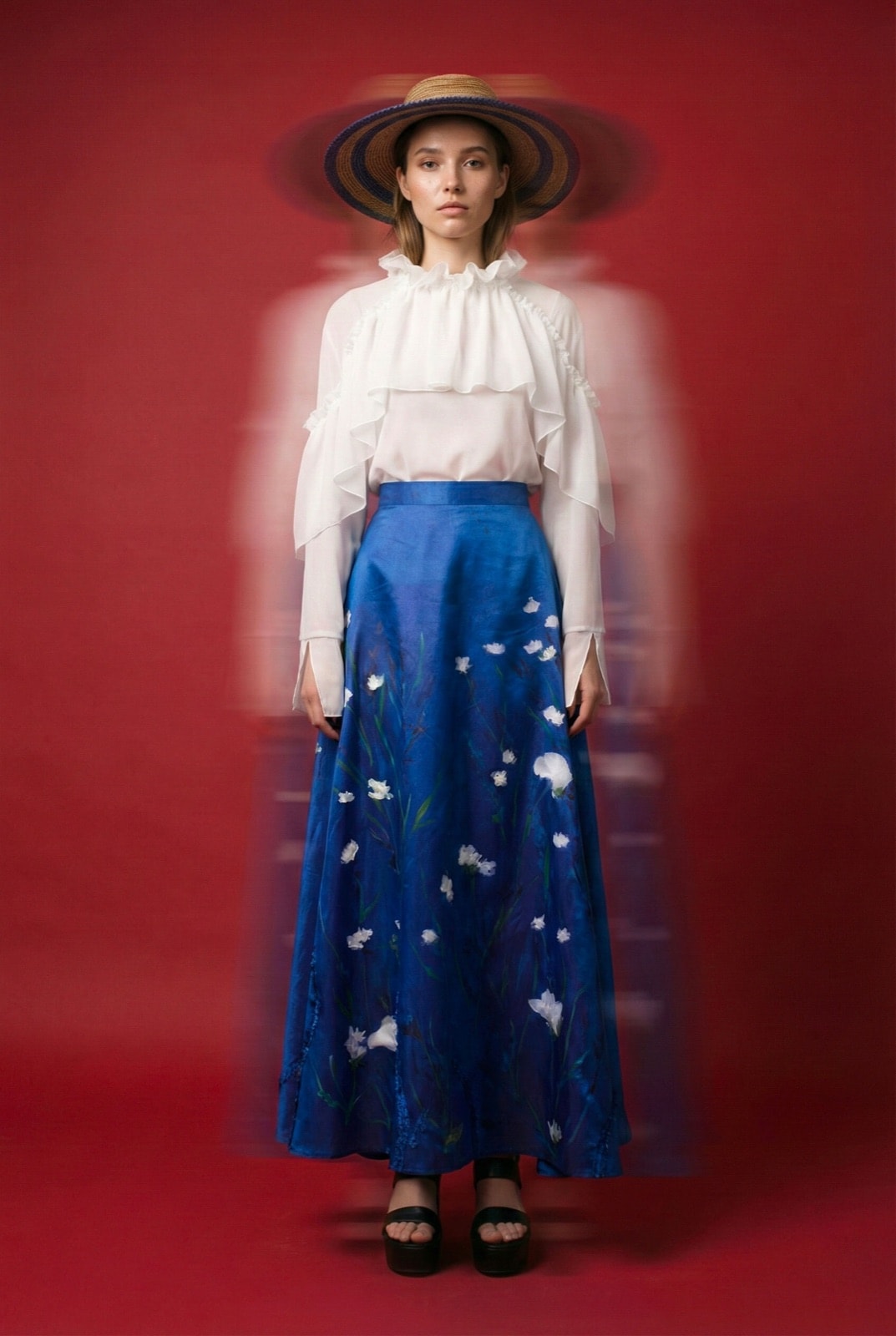 "Blue Garden" Taffeta Skirt | Hand-Embroidered and Hand-Painted