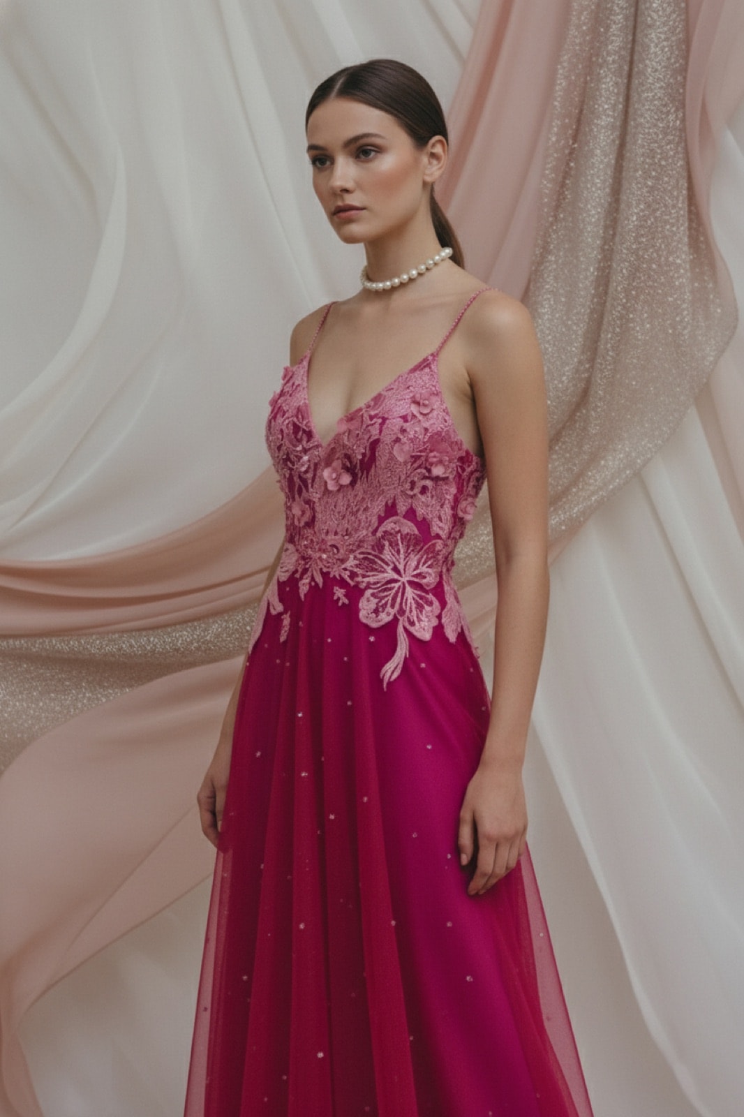 Vestido largo fucsia de Atelier Molina sobre modelo de tres cuartos, detalle del corpiño con flores bordadas en relieve.
