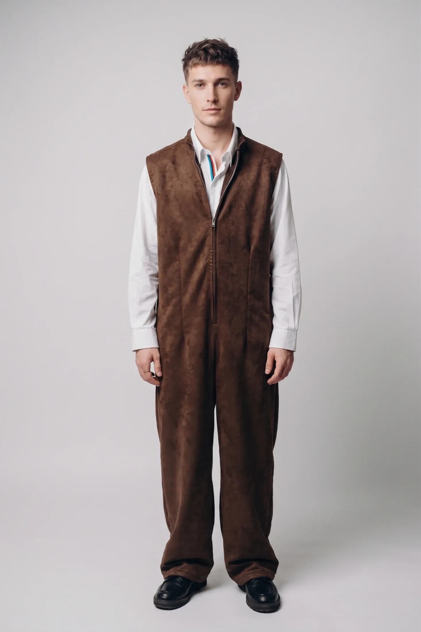 Jumpsuit enterito de gamuza sintética chocolate, sin mangas con cuello alto y cierre metálico al frente, confección artesanal en nuestro atelier de Buenos Aires