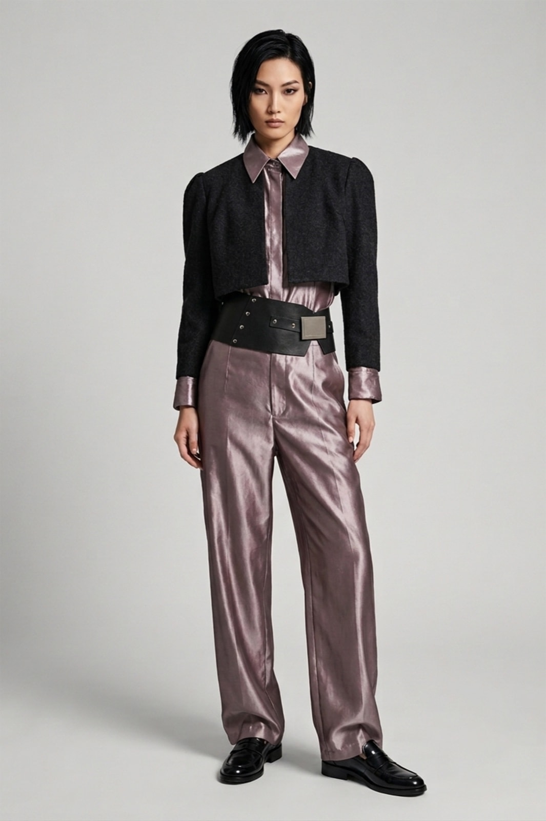 Jumpsuit de tafetán lila con cropped de lana superpuesto