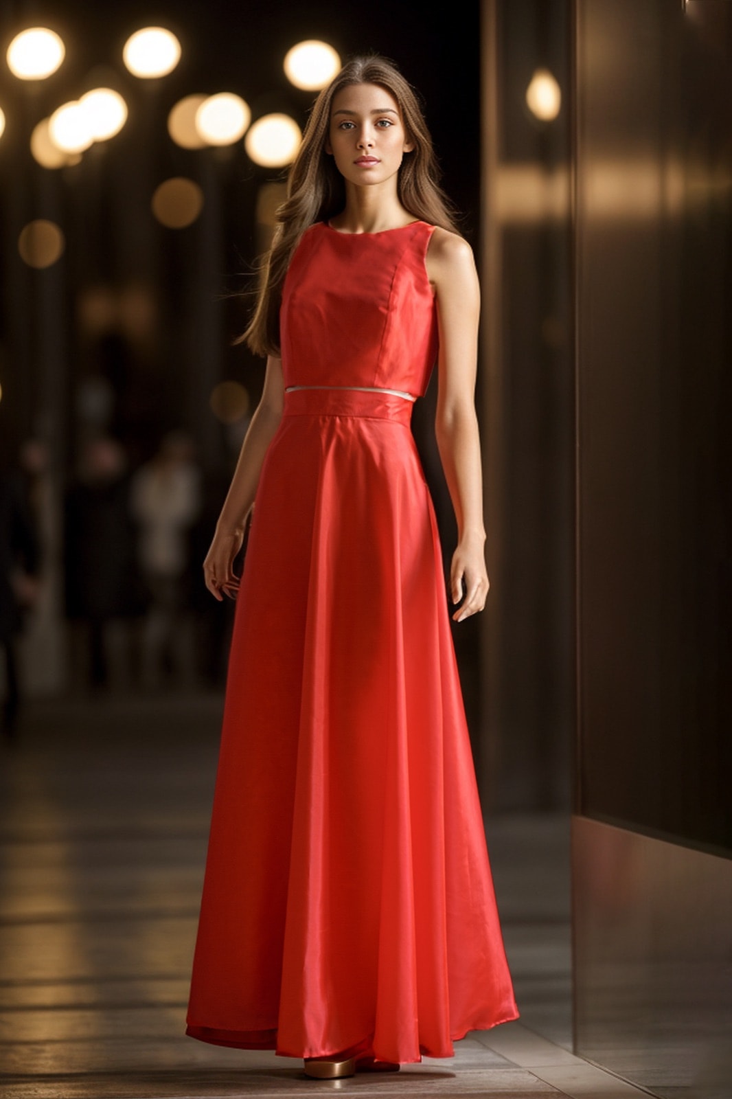 Maxi-falda de tafetán de seda color tangerina de Atelier Molina, sobre modelo con top a tono sin mangas, fotografiada de noche junto a una vidriera.
