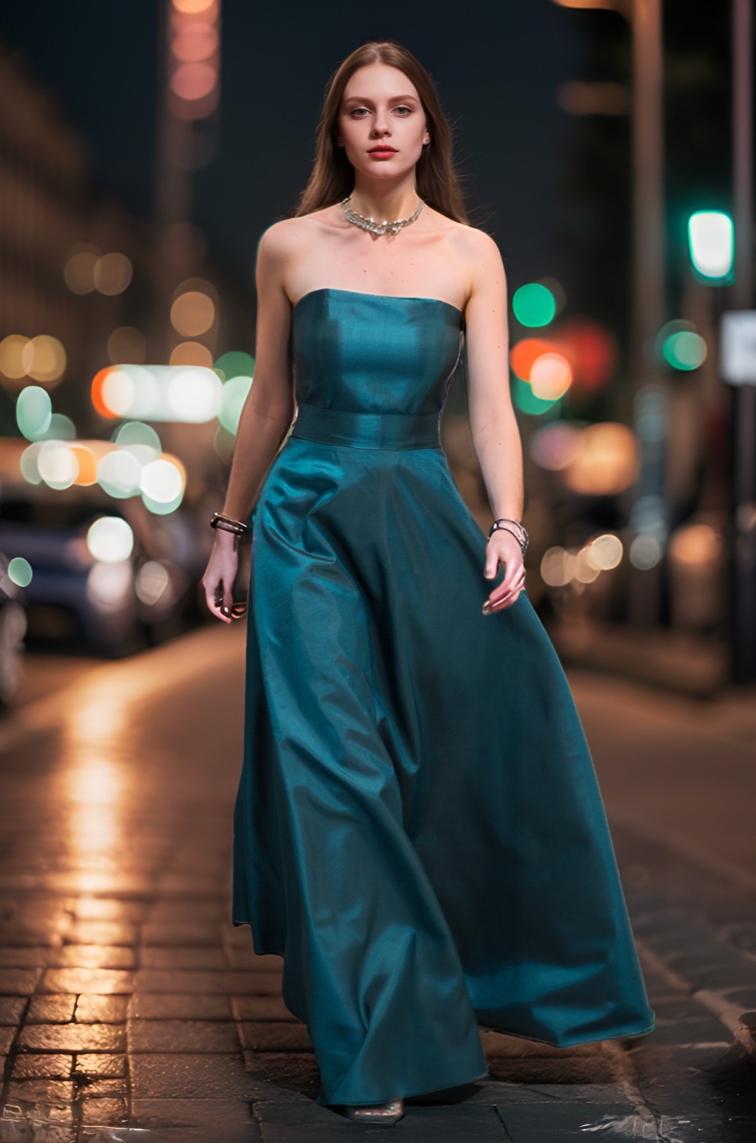 Maxi-falda de tafetán de seda azul petróleo de Atelier Molina, con top strapless a tono, fotografiada de noche en la calle con luces de la ciudad de fondo.