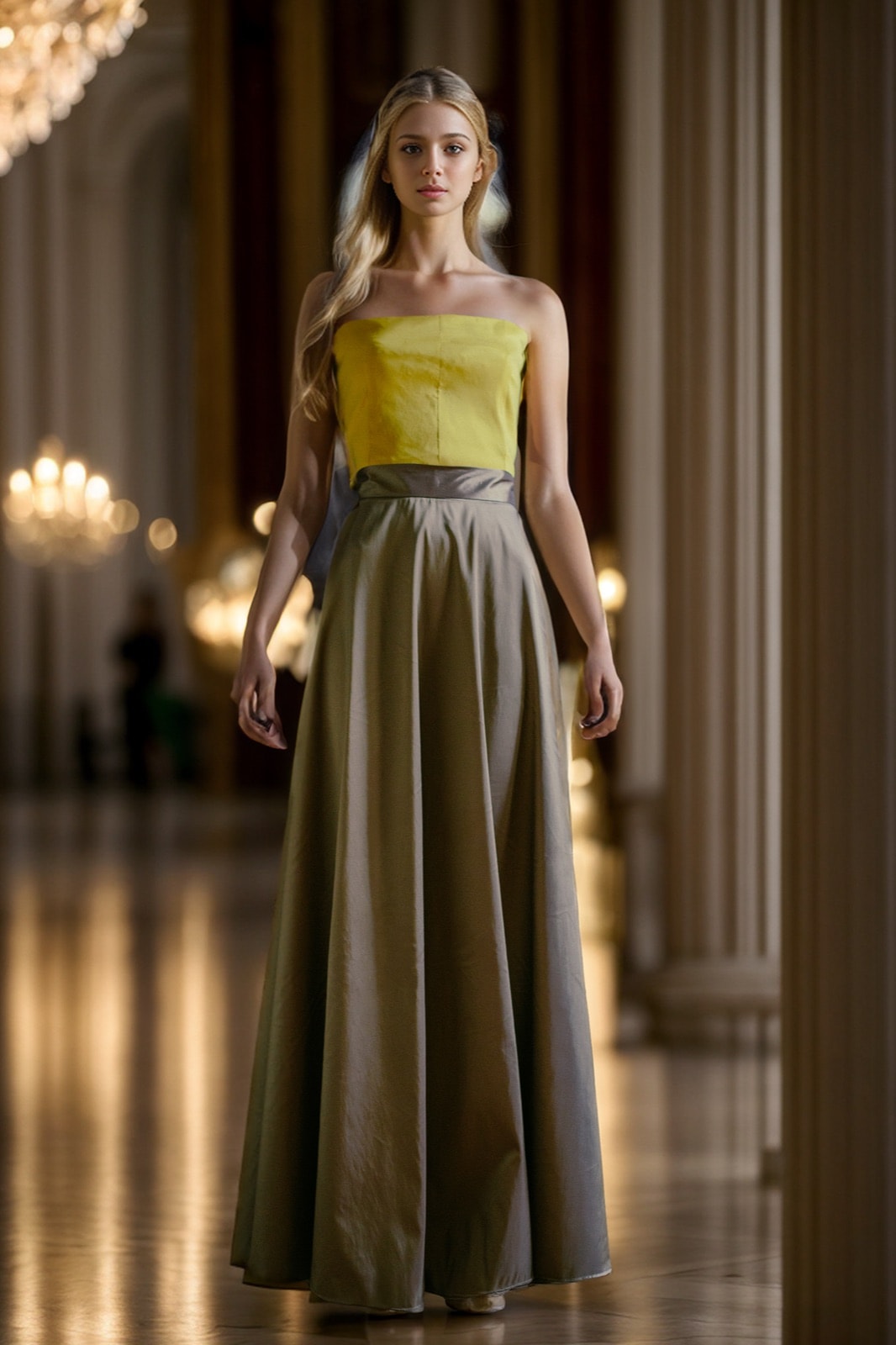 Maxi-falda de tafetán de seda color verde seco de Atelier Molina, combinada con top amarillo, en un salón de columnas con luces doradas.