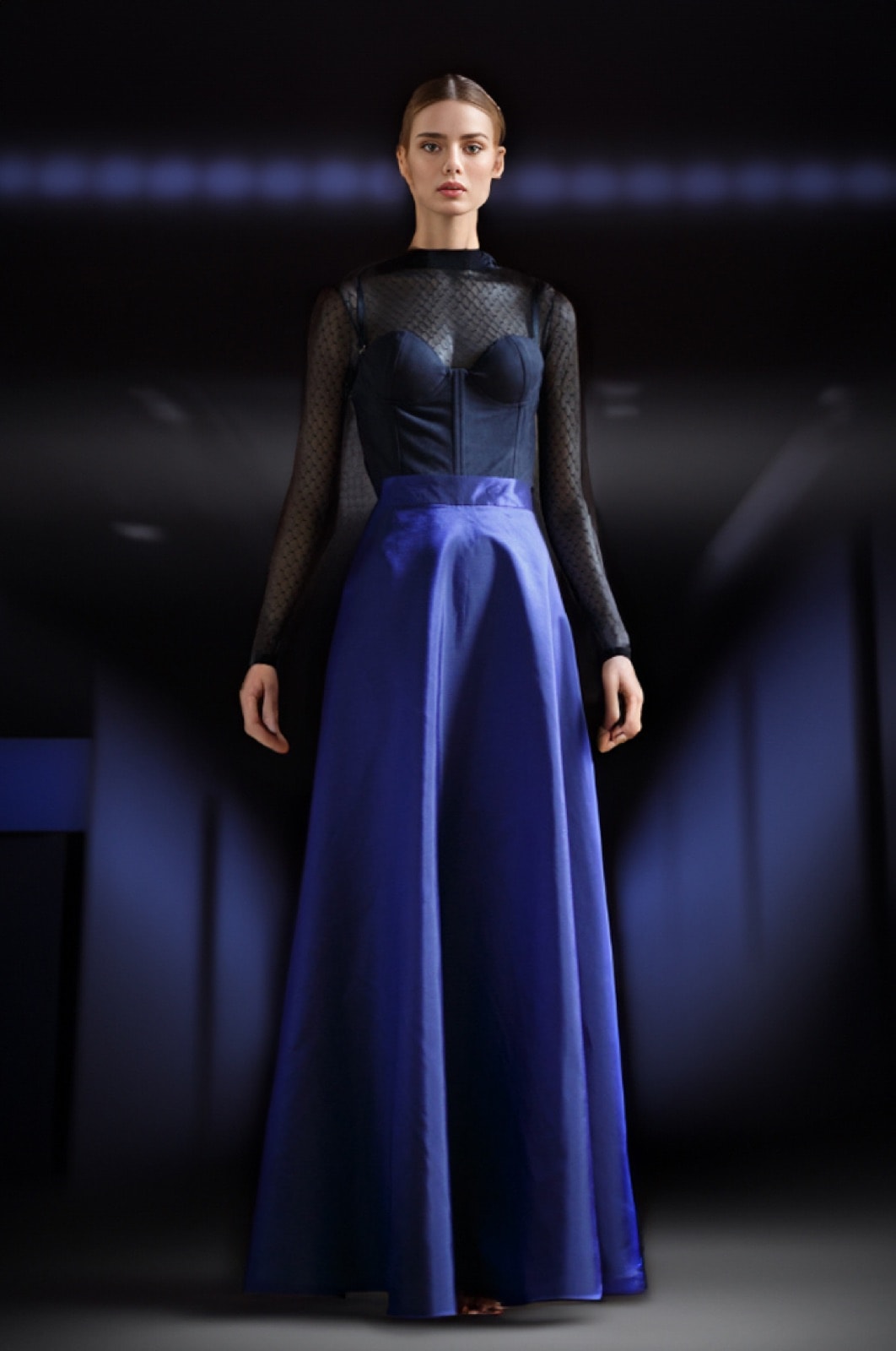 Maxi-falda de tafetán de seda azul noche