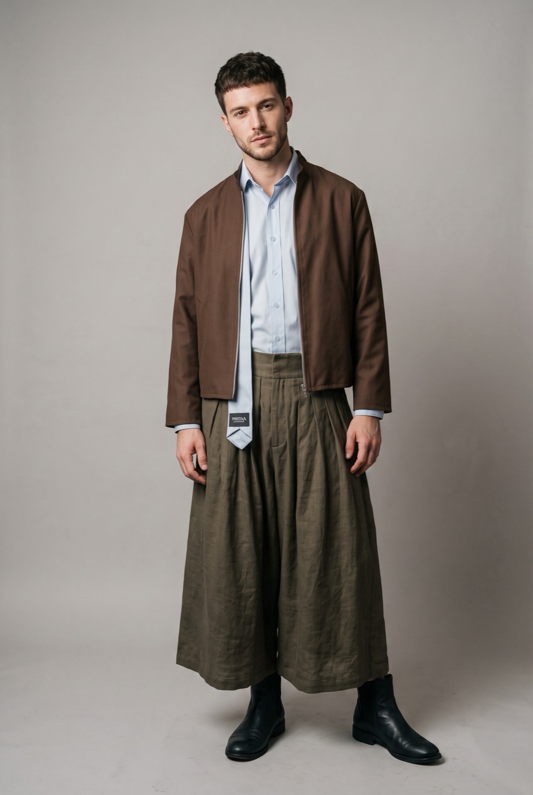 Pantalón Ritual de lino italiano verde alga con tiro alto, tablas profundas y pierna muy ancha, llevado con chaqueta de lino. Atelier Molina, Buenos Aires
