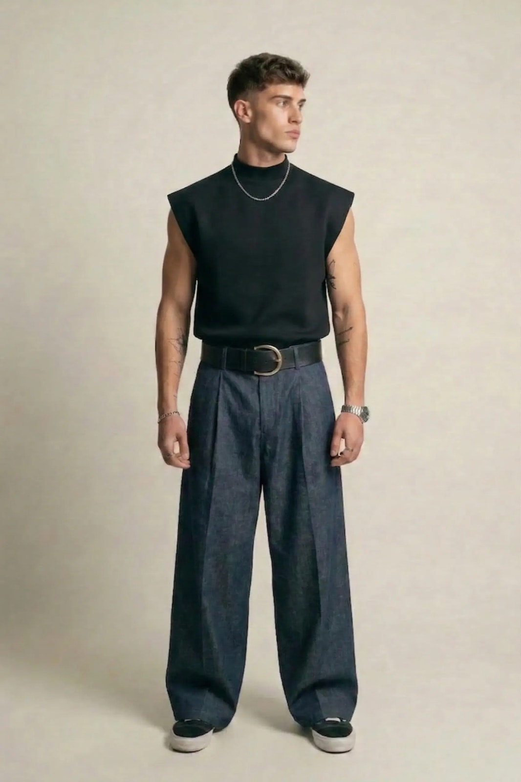 Pantalón Sastrero Molina en denim raw índigo sobre modelo con musculosa negra, vista frontal completa sobre fondo claro.