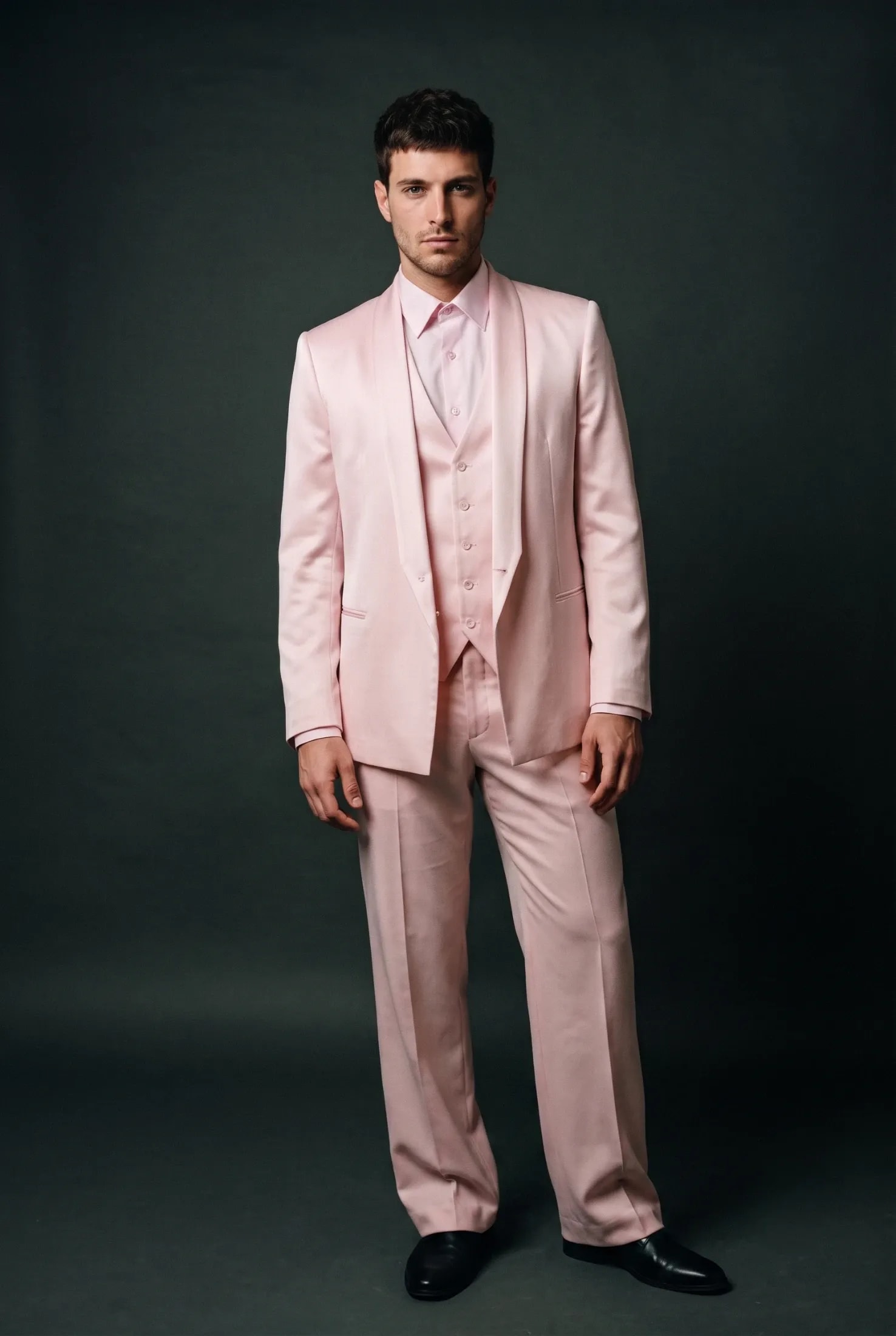 Traje rosa con chaqueta, chaleco, camisa y pantalón de hombre. · Atelier Molina, Buenos Aires