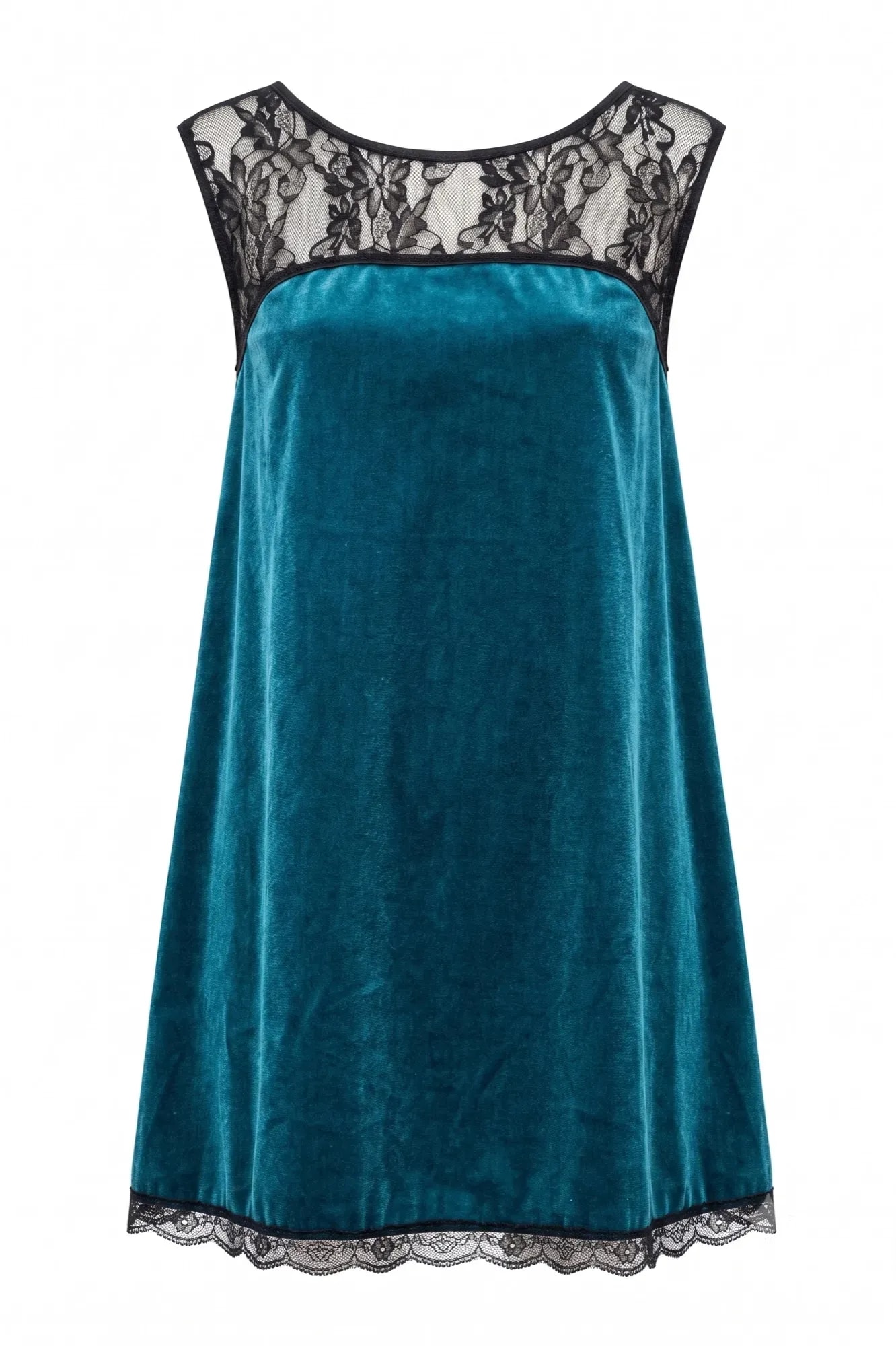 Vestido corto de terciopelo azul con canesú de encaje - Atelier Molina