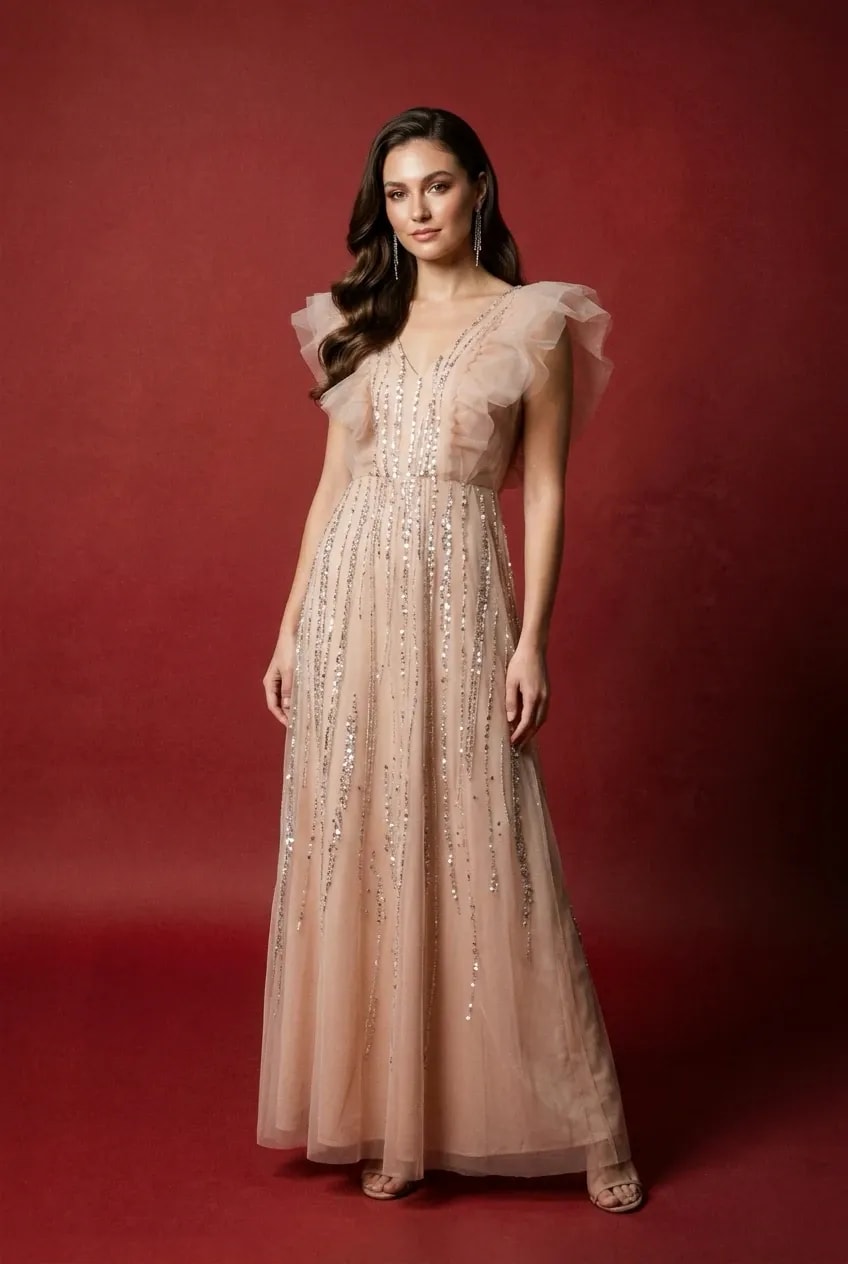 Vestido "Stardust" Champagne | Tul de Seda con Cristales y Cadenas