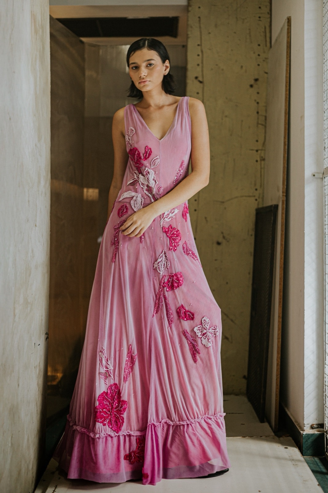 Pink embroidered cotton tulle dress