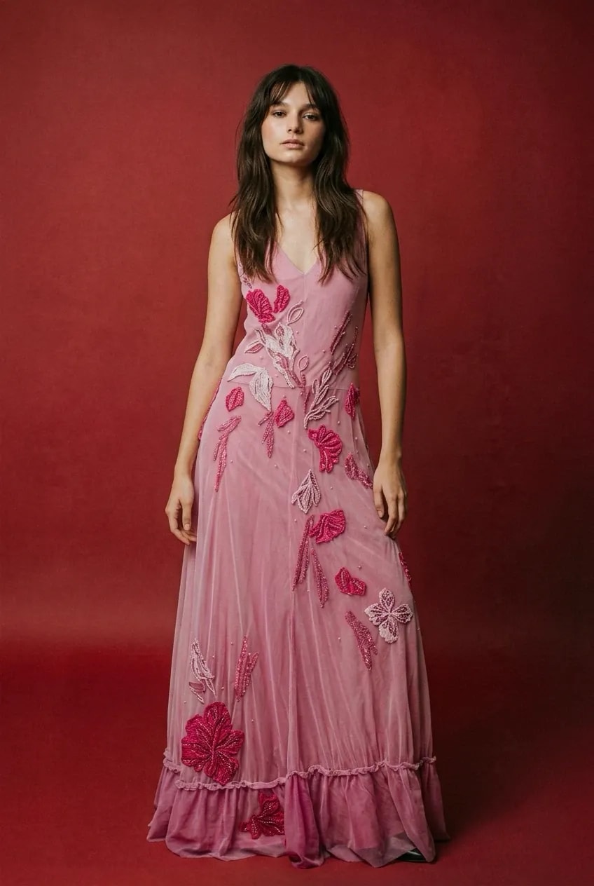 Vestido de tul de algodón bordado rosa