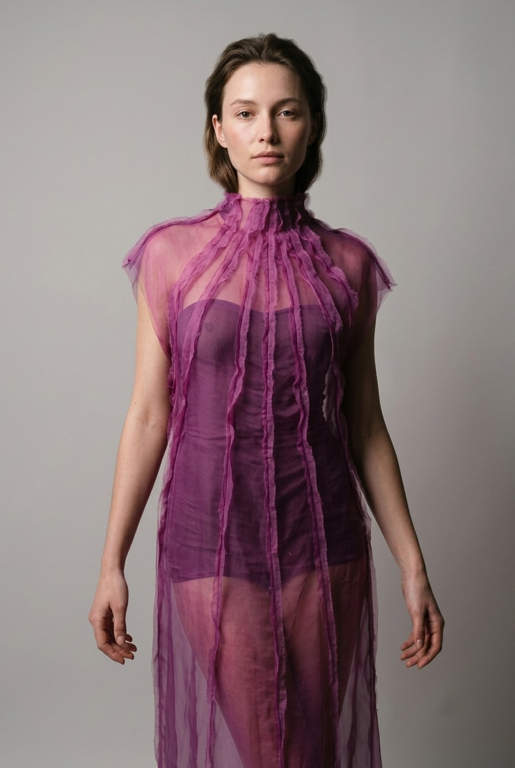 Vestido largo de muselina de seda fucsia con costuras expuestas de la línea Radial de Atelier Molina, llevado sobre body al tono