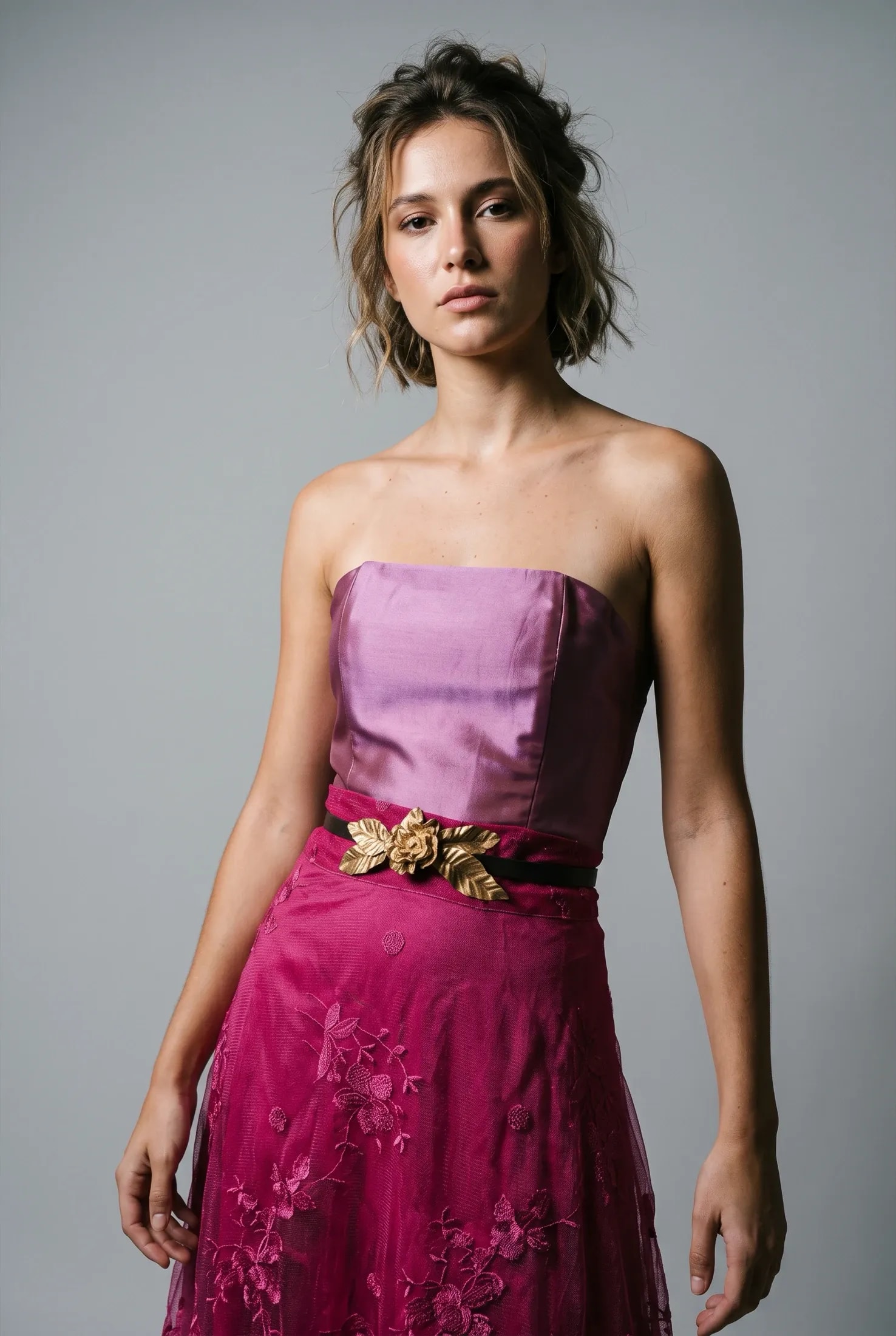 Corset strapless de tafetán magenta