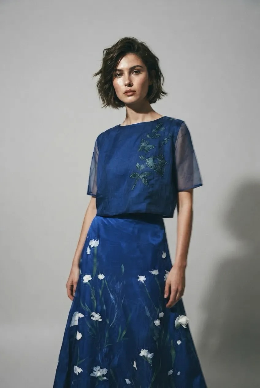 Croptop azul con mangas bordado