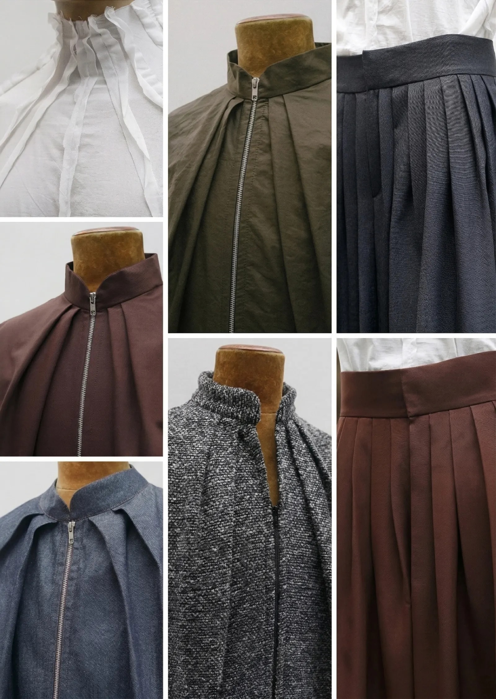 Mosaico con el mismo pliegue resuelto en seis géneros textiles distintos, línea PLIEGO