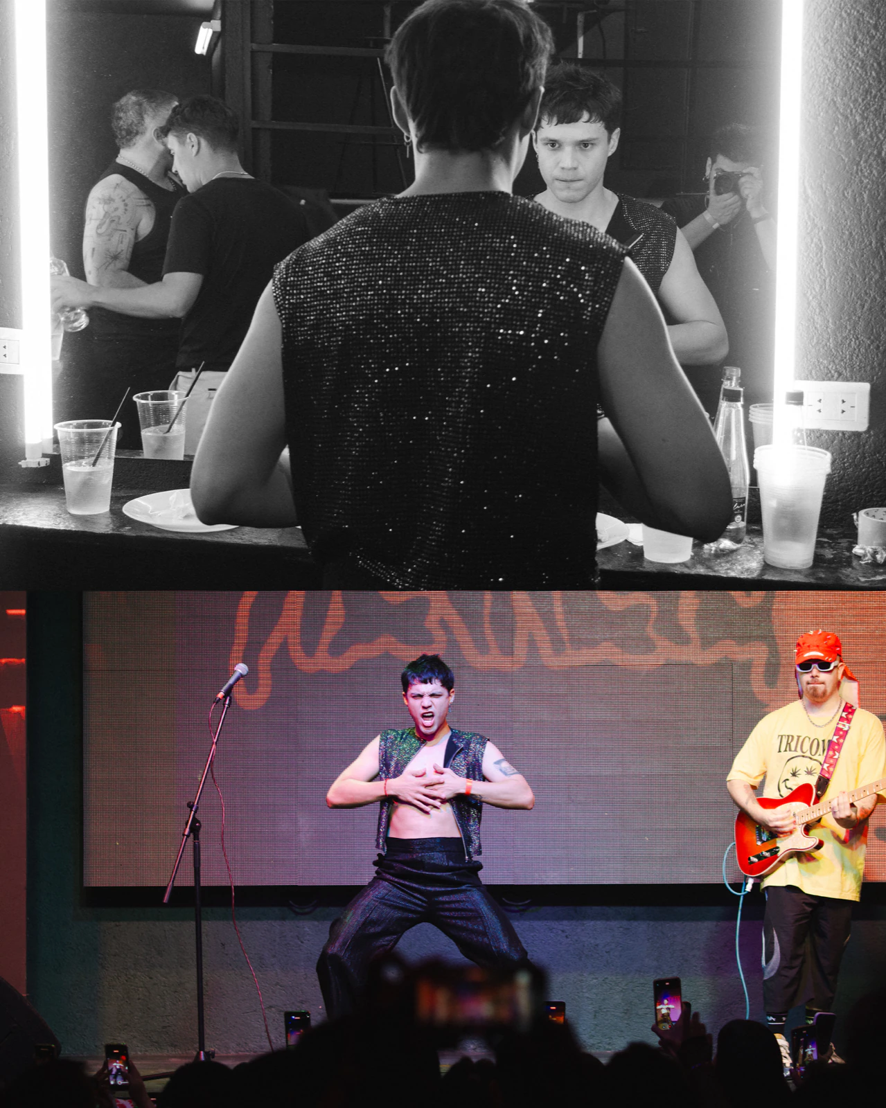 Alan Lez in the dressing room and on stage wearing the sequinned waistcoat by Atelier Molina