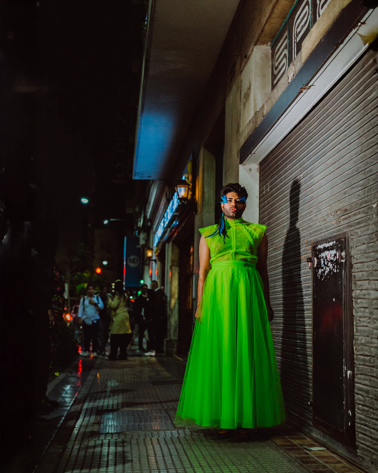 Close-up of the green tulle bodice with structured shoulders designed by Atelier Molina for Alok V Menon
