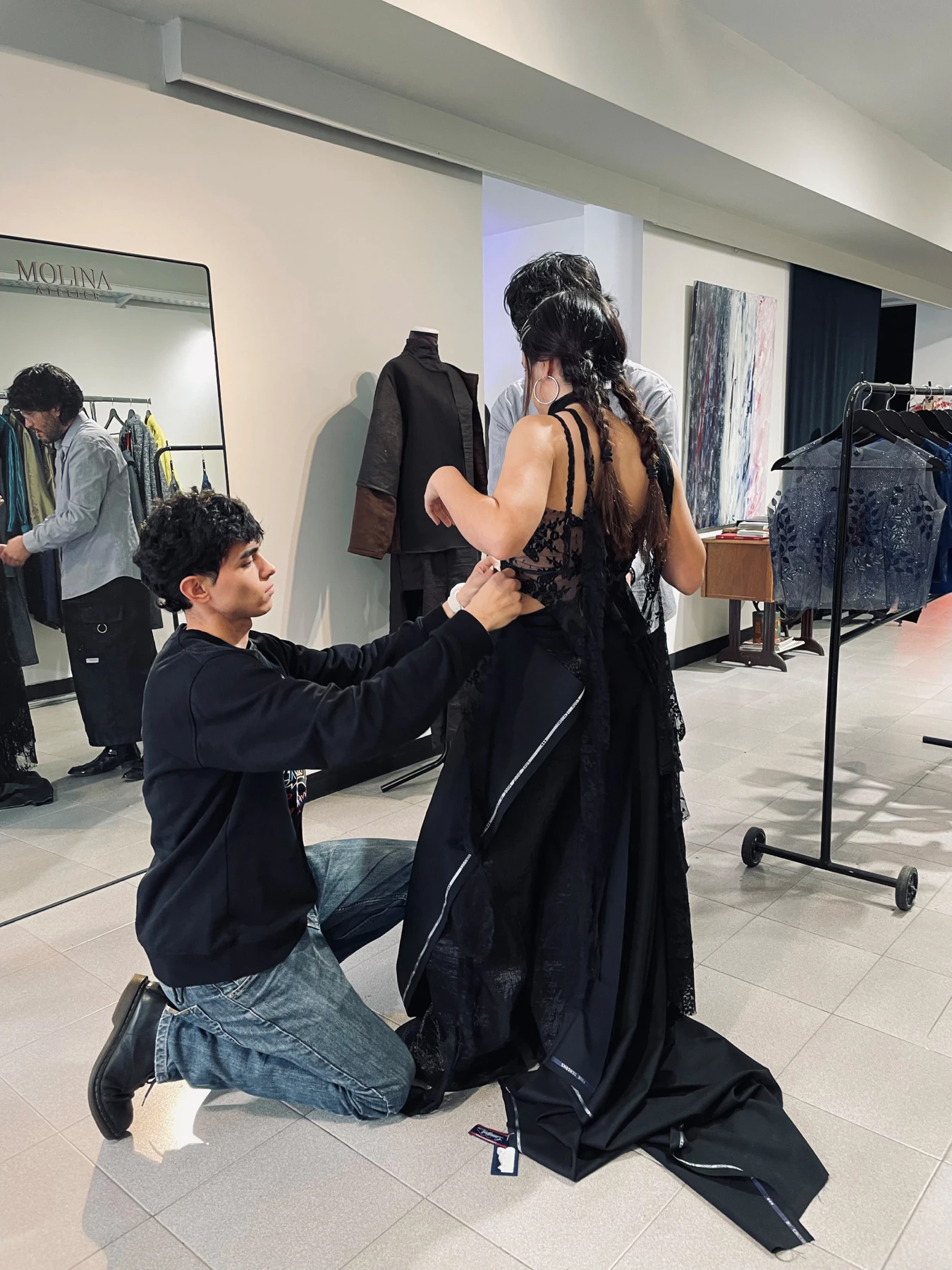 Fitting of Evitta Luna lace corset at the Atelier Molina atelier in Buenos Aires