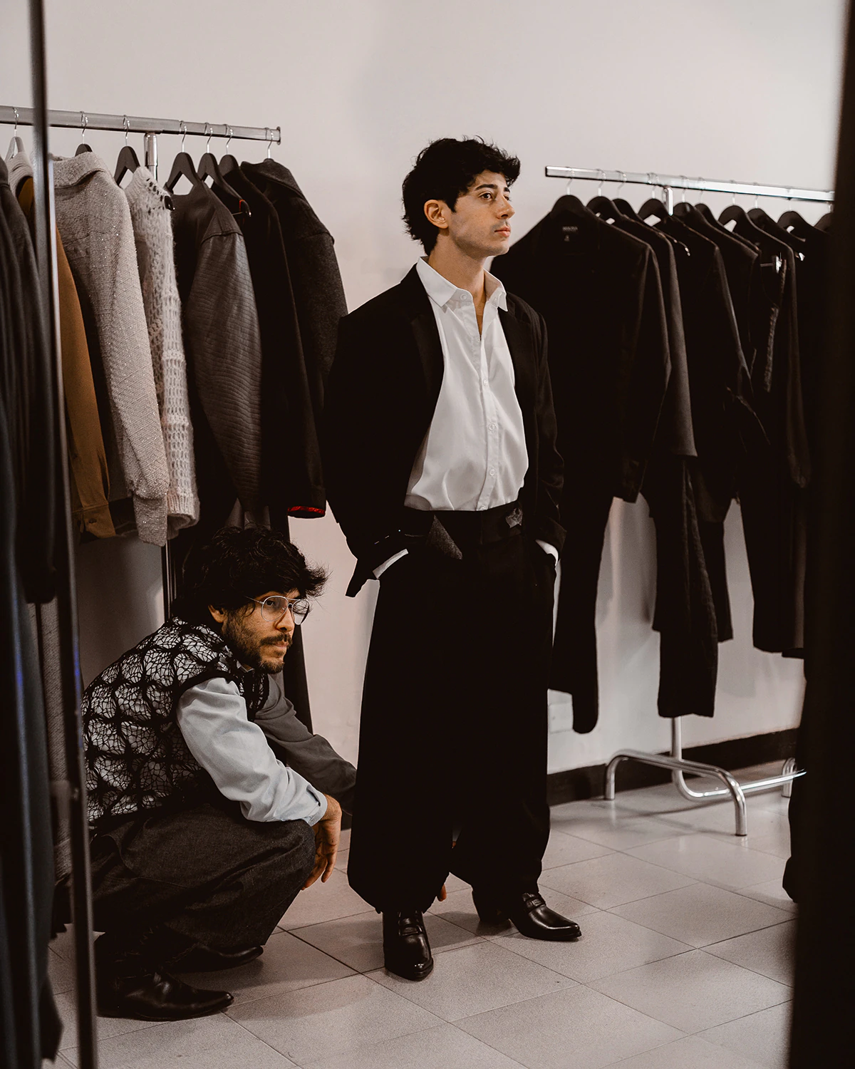 Fitting of Kevsho wool jacket and trouser set at Atelier Molina, Buenos Aires